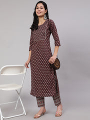 Women Purple Printed Straight Kurta With Trouser
