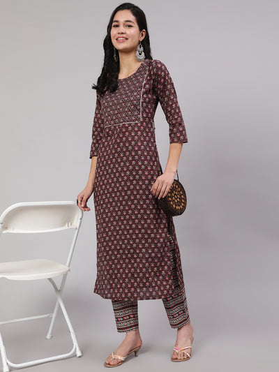 Women Purple Printed Straight Kurta With Trouser