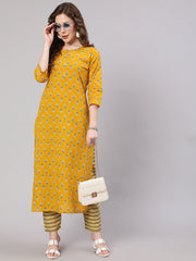 Women Mustard Printed Straight Kurta With Trouser