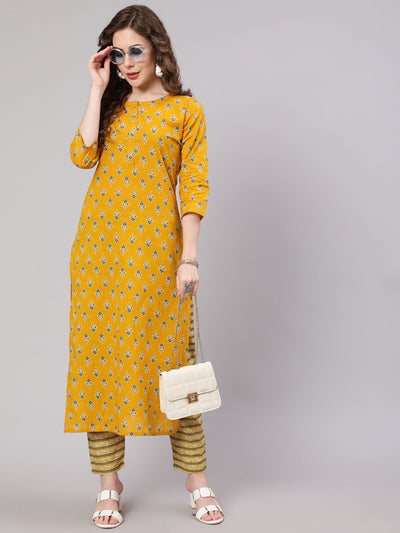 Women Mustard Printed Straight Kurta With Trouser