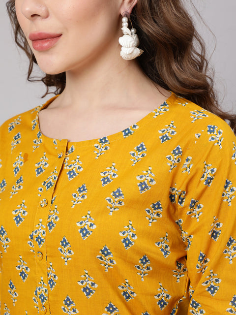 Women Mustard Printed Straight Kurta With Trouser