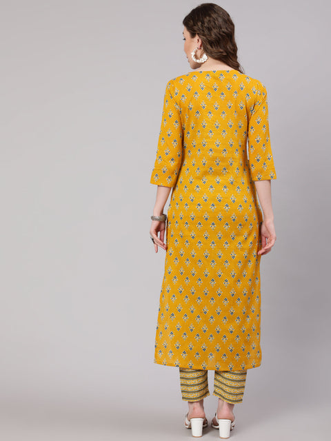 Women Mustard Printed Straight Kurta With Trouser