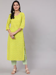 Women Lime Green Ethnic Printed Kurta With Trouser