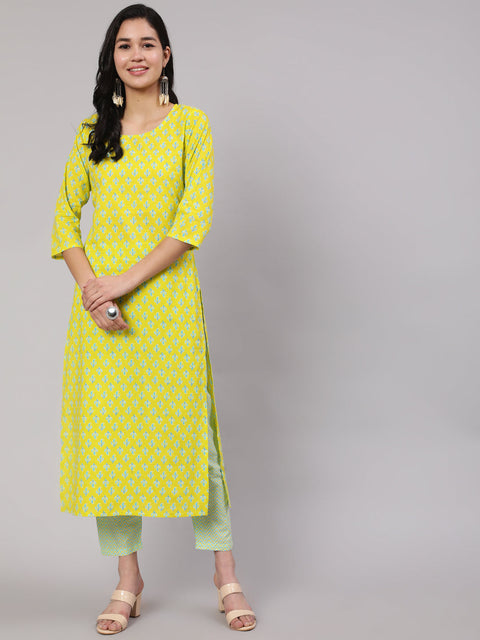 Women Lime Green Ethnic Printed Kurta With Trouser