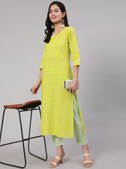 Women Lime Green Ethnic Printed Kurta With Trouser