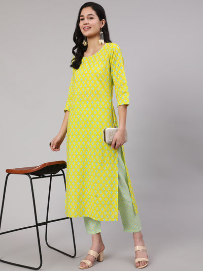 Women Lime Green Ethnic Printed Kurta With Trouser