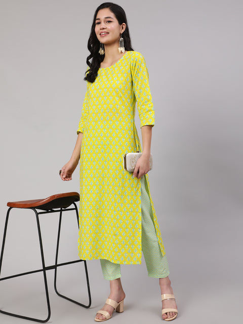 Women Lime Green Ethnic Printed Kurta With Trouser