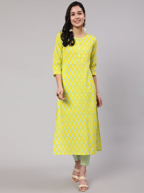 Women Lime Green Ethnic Printed Kurta With Trouser