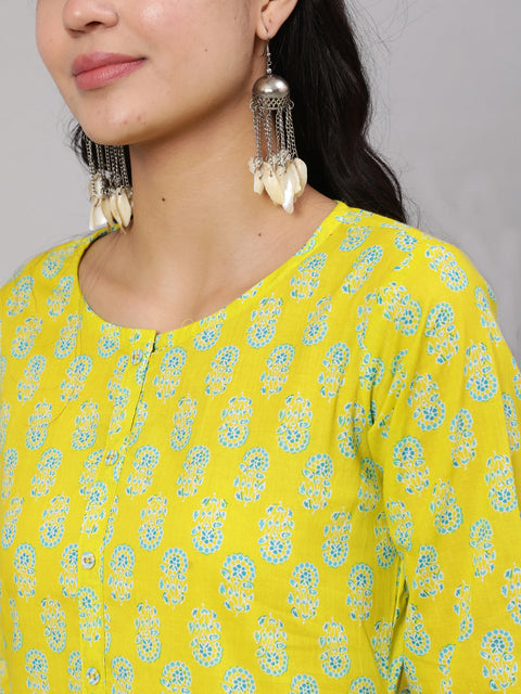 Women Lime Green Ethnic Printed Kurta With Trouser