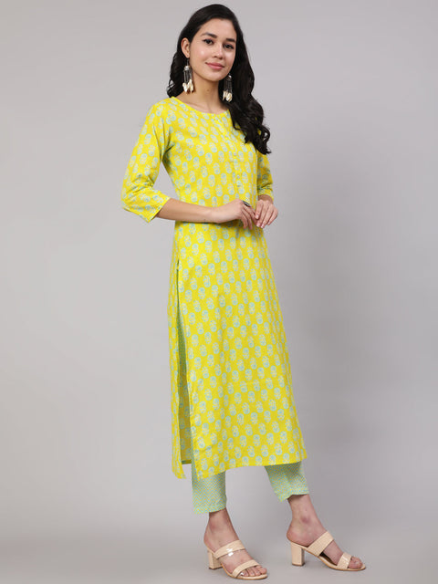 Women Lime Green Ethnic Printed Kurta With Trouser