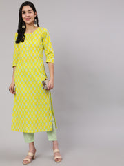 Women Lime Green Ethnic Printed Kurta With Trouser