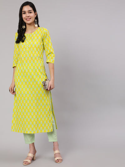 Women Lime Green Ethnic Printed Kurta With Trouser