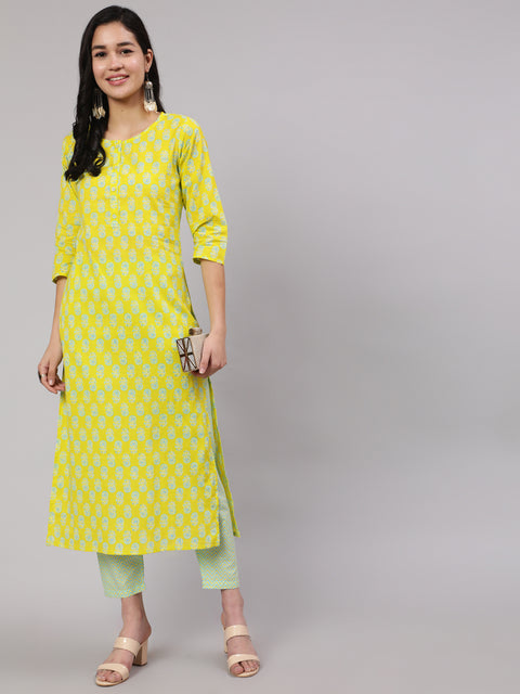 Women Lime Green Ethnic Printed Kurta With Trouser