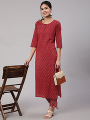 Women Burgundy Ethnic Printed Straight Kurta With Trouser