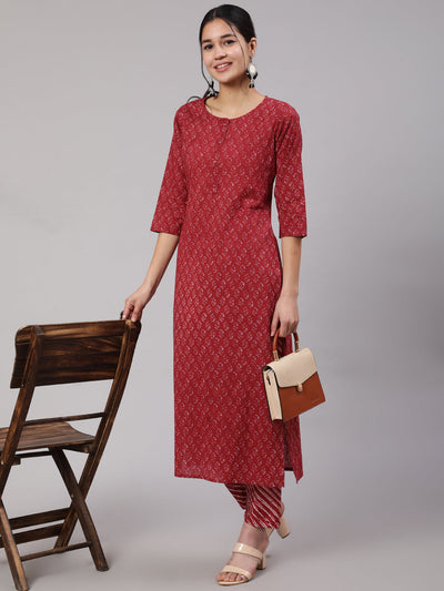 Women Burgundy Ethnic Printed Straight Kurta With Trouser