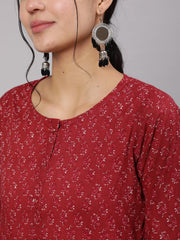Women Burgundy Ethnic Printed Straight Kurta With Trouser