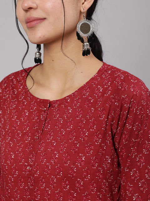 Women Burgundy Ethnic Printed Straight Kurta With Trouser