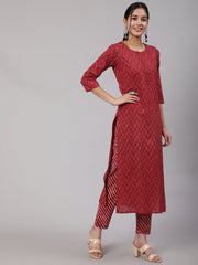 Women Burgundy Ethnic Printed Straight Kurta With Trouser