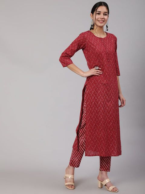 Women Burgundy Ethnic Printed Straight Kurta With Trouser