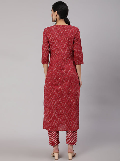 Women Burgundy Ethnic Printed Straight Kurta With Trouser