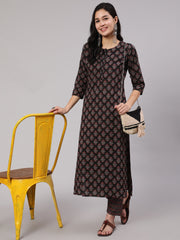 Women Black Ethnic Printed Straight Kurta With Trouser