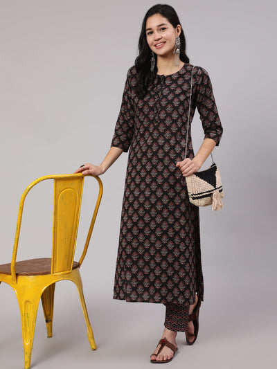 Women Black Ethnic Printed Straight Kurta With Trouser