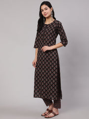 Women Black Ethnic Printed Straight Kurta With Trouser