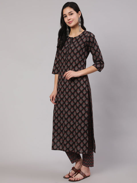 Women Black Ethnic Printed Straight Kurta With Trouser