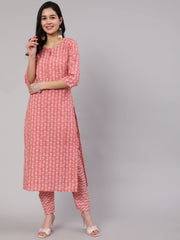 Women Pink Ethnic Printed Straight Kurta With Trouser