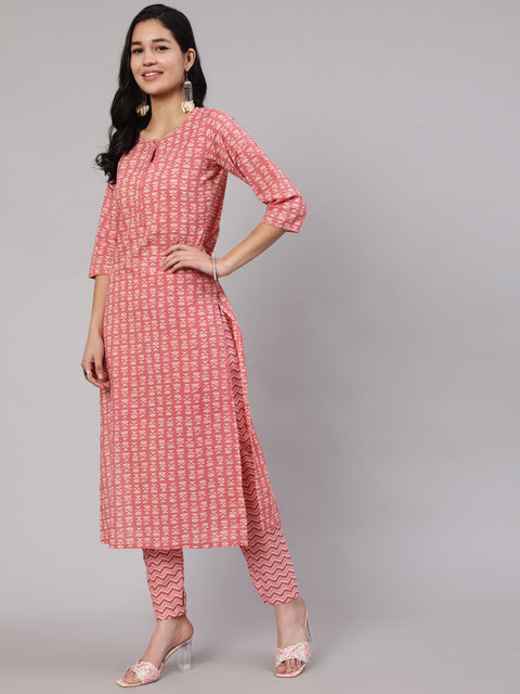 Women Pink Ethnic Printed Straight Kurta With Trouser