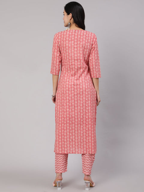 Women Pink Ethnic Printed Straight Kurta With Trouser