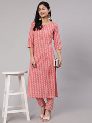 Women Pink Ethnic Printed Straight Kurta With Trouser
