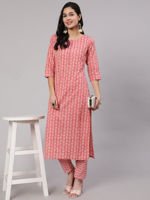 Women Pink Ethnic Printed Straight Kurta With Trouser