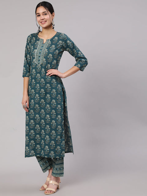 Women Teal Blue Printed Straight Kurta With Trouser
