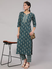 Women Teal Blue Printed Straight Kurta With Trouser
