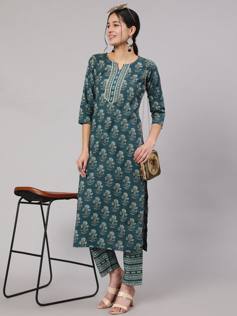 Women Teal Blue Printed Straight Kurta With Trouser