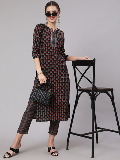 Women Black Ethnic Printed Straight Kurta With Trouser