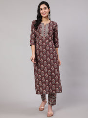 Women Purple Printed Straight Kurta With Trouser
