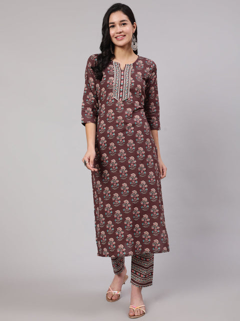 Women Purple Printed Straight Kurta With Trouser