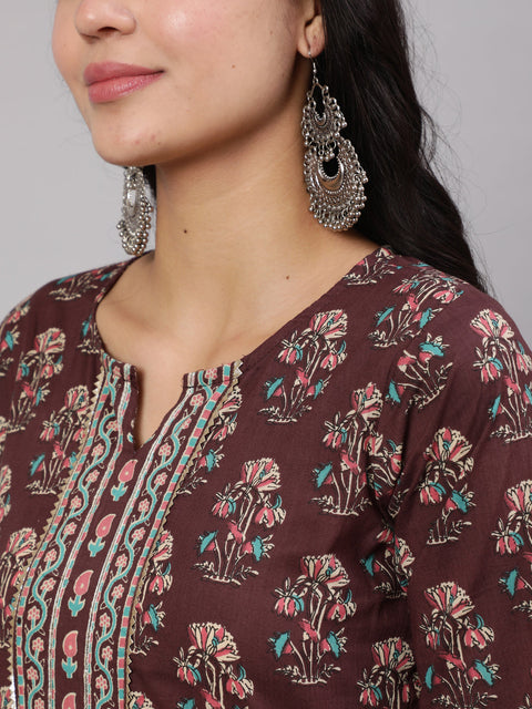 Women Purple Printed Straight Kurta With Trouser