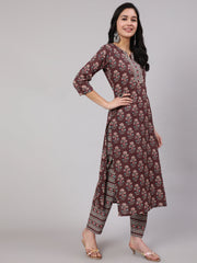 Women Purple Printed Straight Kurta With Trouser