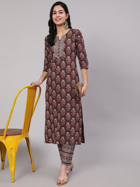 Women Purple Printed Straight Kurta With Trouser