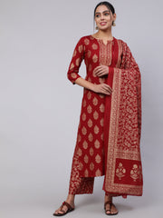 Women Maroon Ethnic Printed Kurta With Palazzo And Dupatta