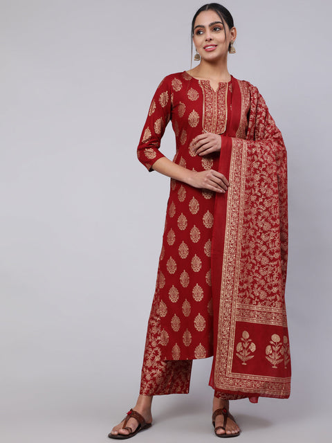 Women Maroon Ethnic Printed Kurta With Palazzo And Dupatta