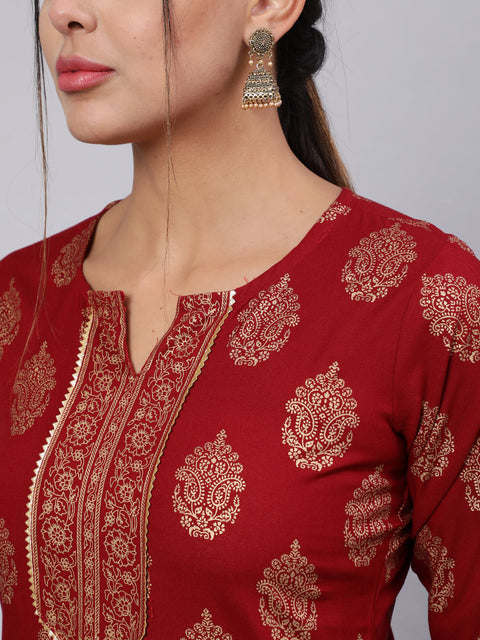 Women Maroon Ethnic Printed Kurta With Palazzo And Dupatta