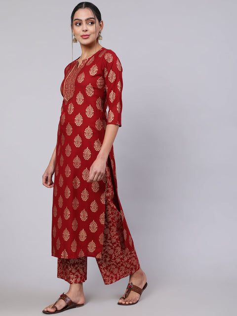 Women Maroon Ethnic Printed Kurta With Palazzo And Dupatta
