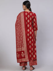 Women Maroon Ethnic Printed Kurta With Palazzo And Dupatta
