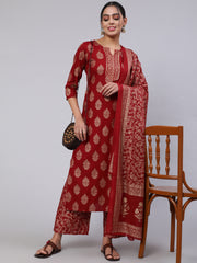 Women Maroon Ethnic Printed Kurta With Palazzo And Dupatta