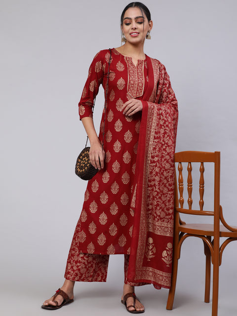 Women Maroon Ethnic Printed Kurta With Palazzo And Dupatta