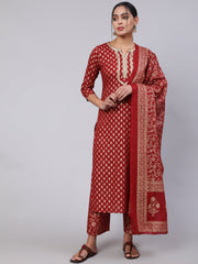 Women Maroon Ethnic Printed Kurta With Palazzo And Dupatta